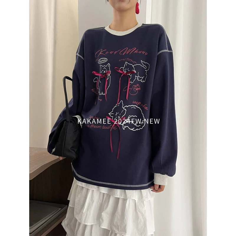 Contrast Lazy Style Loose T Shirts O-neck Bow Print Street Casual Pullovers Tops Fashion Harajuku Women Clothing Spring Autumn