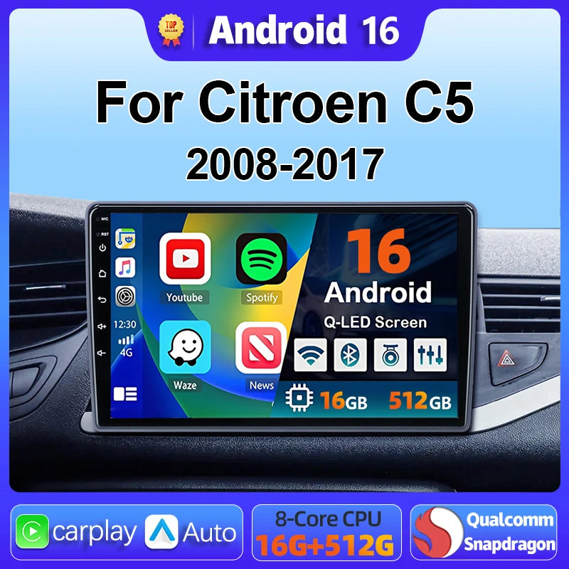 Android 16 Carplay Car Radio Multimedia For Citroen C5 2008 2009 2010 -2017 Navigation Video DVD Autoradio Stereo 2din Head Unit