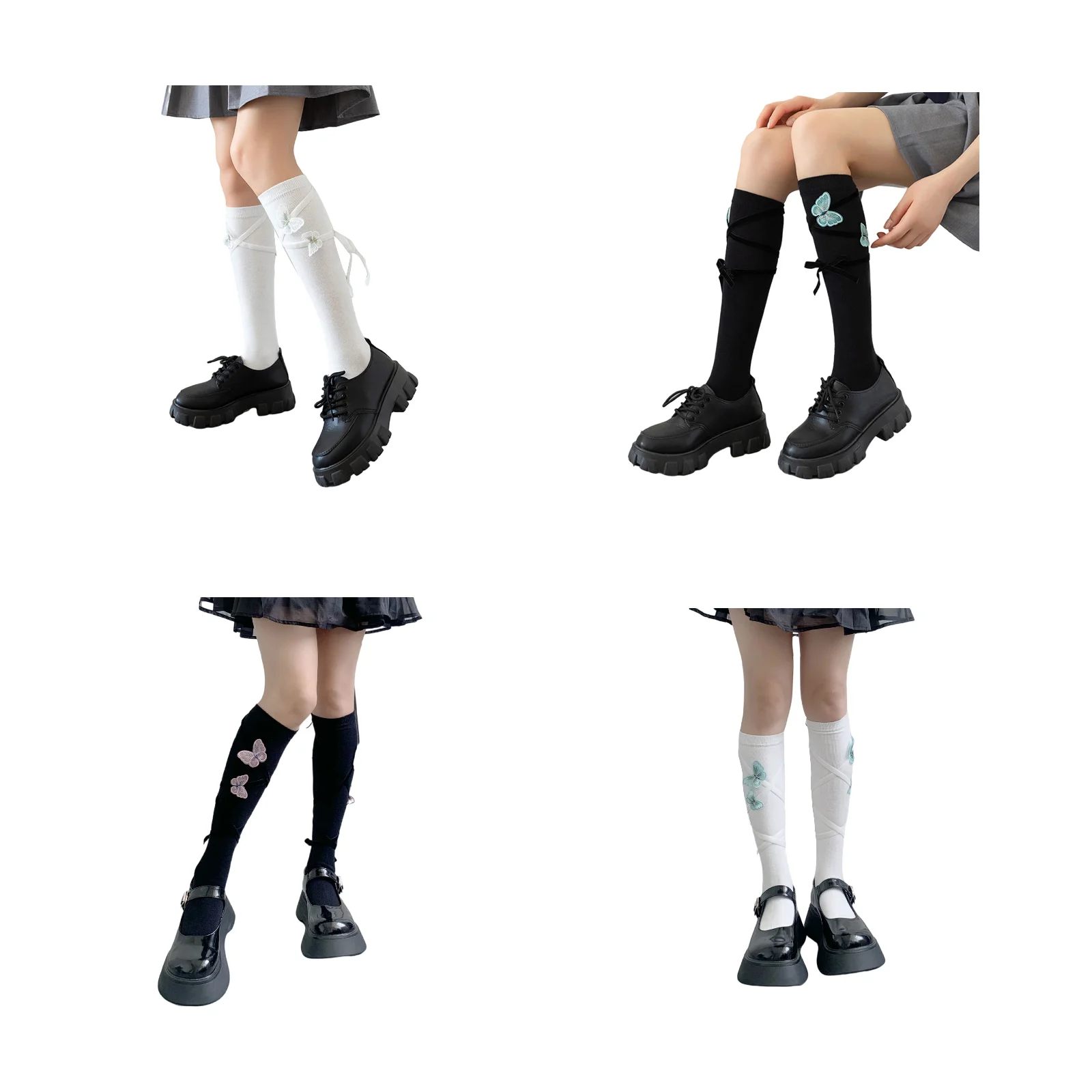 4 pairs of three-dimensional butterfly strap calf socks (all white/black and blue/black pink/white and blue)
