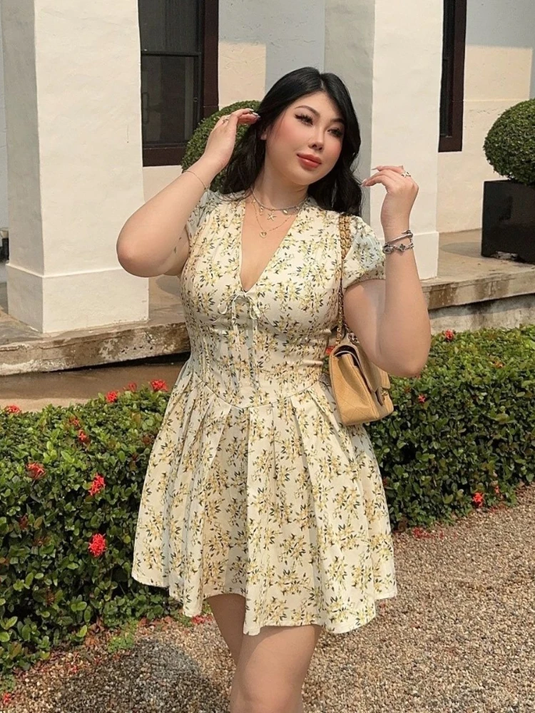 

Women's Floral Dress Deep V Neck Short Sexy A-Line Female Mini Dress - Sweet Boho Chic Trendy Exclusive Summer Outfit Fashion