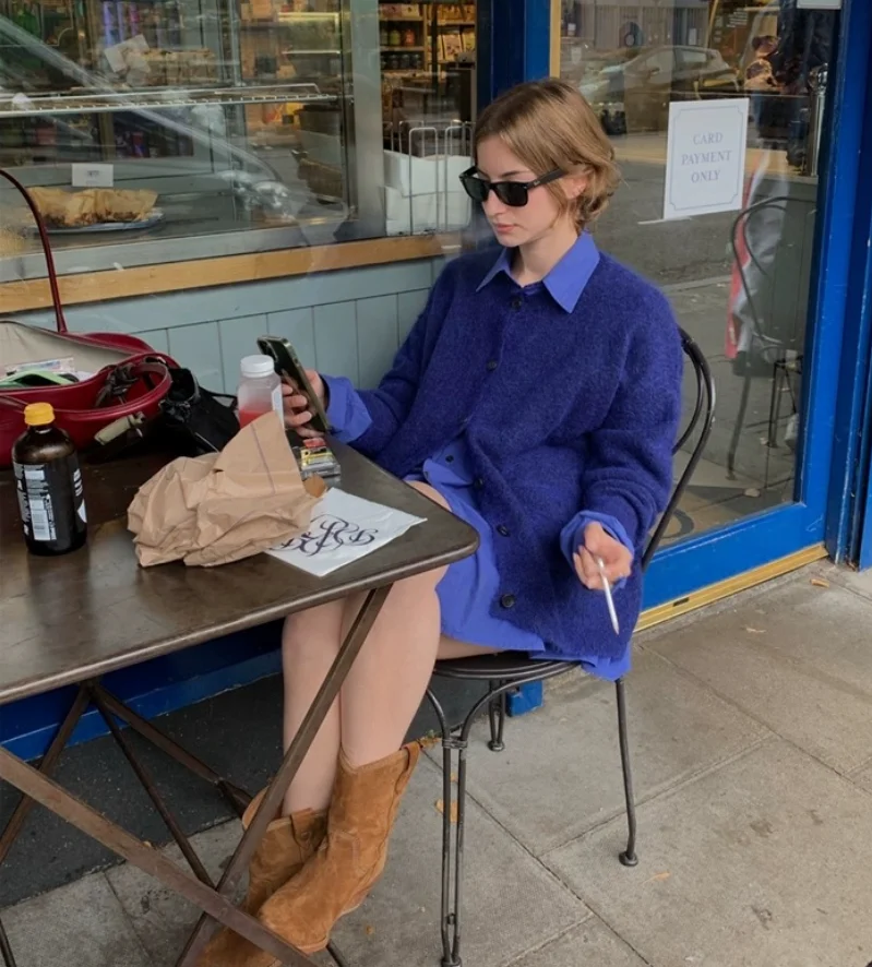 

Простой повседневный вязаный свободный однотонный свитер Ribbonbit2025, осенний свитер-кардиган, пальто для женщин, длинный све, круглый дизайн на пуговицах