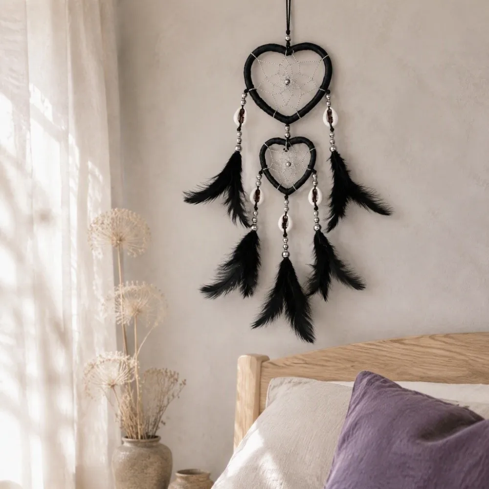 15.75inch Dream Catcher Wall Decor Black Heart-Shaped Handmade Dream Catcher Boho Aesthetic Net Craft Hanging Dream Catcher