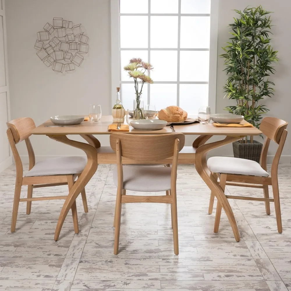 

Lucious Curved Leg Rectangular Dining Set, 5-Pcs Set, Natural Oak / Light Beige