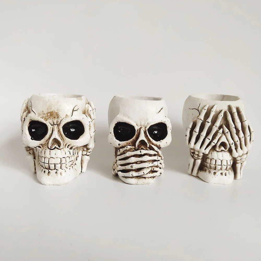 Skull No Listen Look Tell Say Creative Flower Pot Garden Ornaments Resin Artifact Halloween Decoration