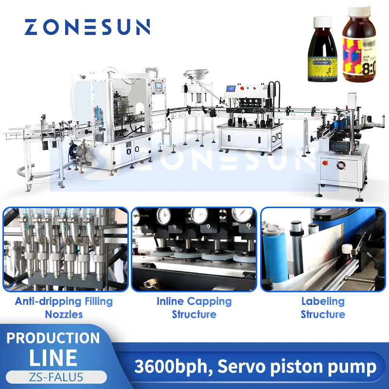 Zonesun ZS-FAL180U5 Automatic Syrup Bottling Line Piston Filler High Speed Capping Machine Round Bottle Label Applicator