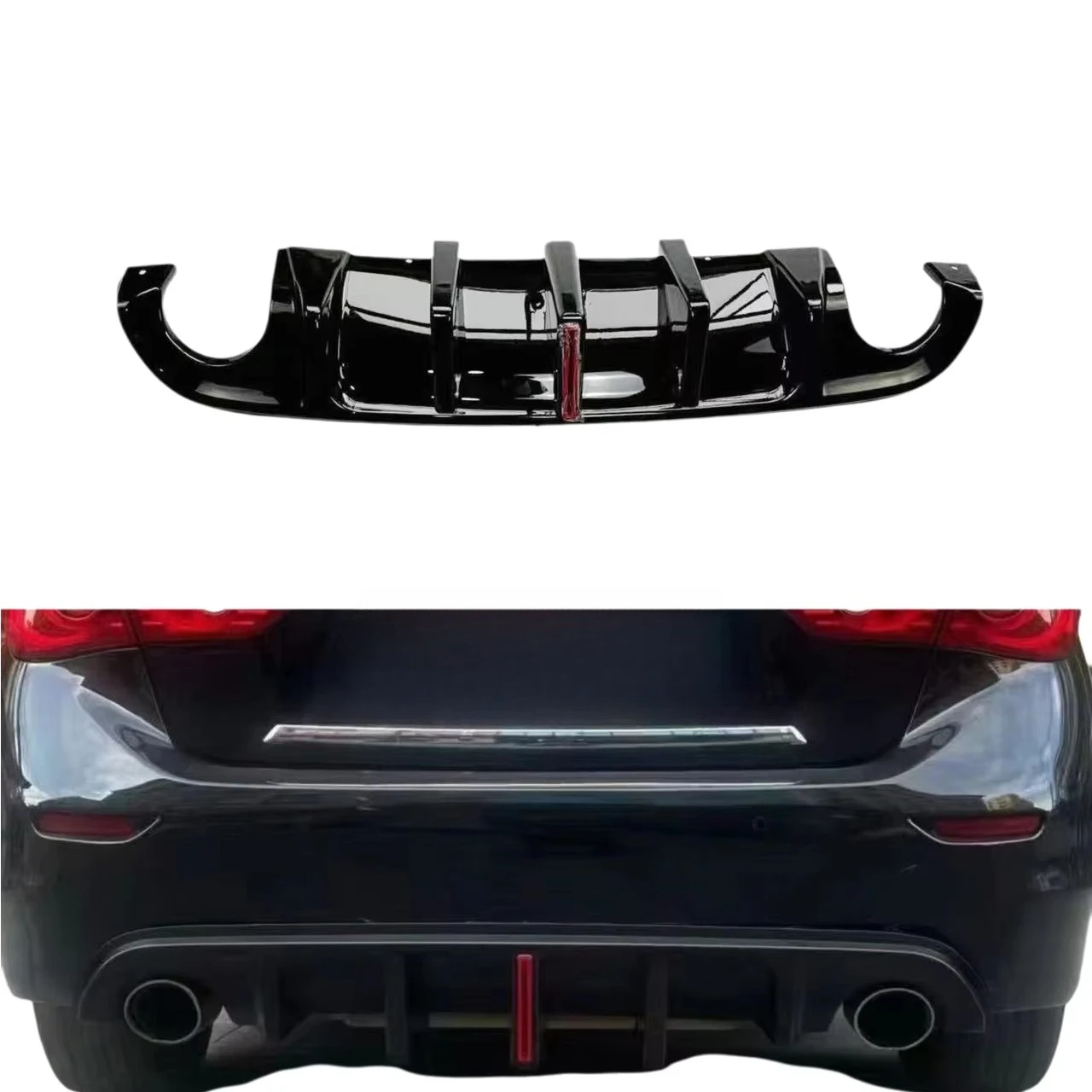 Modified Rear Lip with Vertical Strip Lights Rear Diffuser for Infiniti Q50 2014-2017 Gloss Black & Carbon Fiber Texture