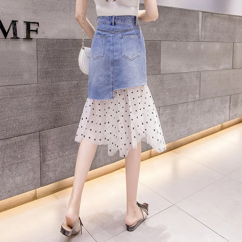 ZXRYXGS 2024 New Polka Dot Chiffon Patchwork Color Blocking Denim Skirt Women's Dopersonality Mid Length Buttocks Pleated Skirt