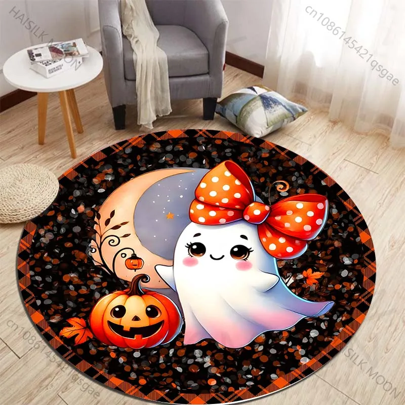 Cute ghost with a pumpkin lantern for Halloween Printed round carpet living room sofa table large pet mat soft round carpet