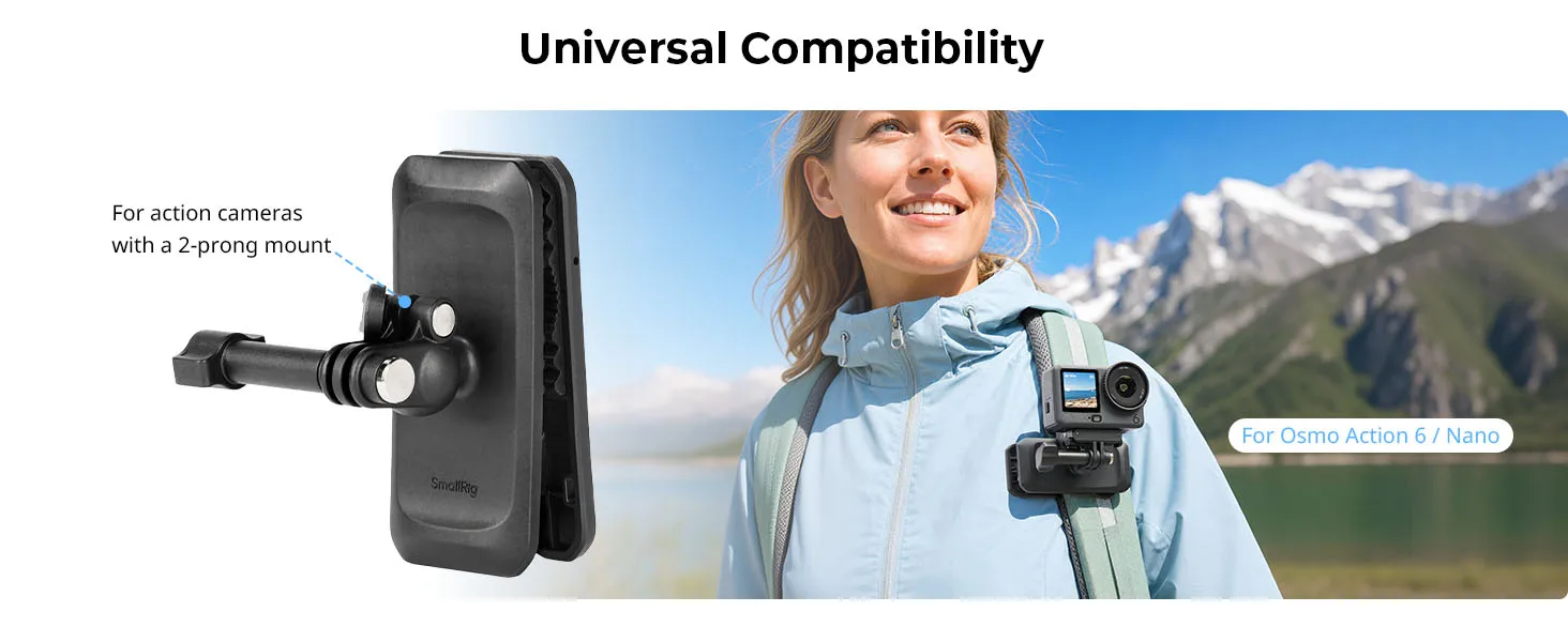 SmallRig Rucksackgurt-Clip-Halterung für DJI Osmo Action 6 / Nano 360 ° Kugelkopf & 2-Zinken-Halterung mit Schnellwechseladapter – Detail 7