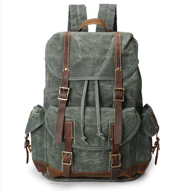 Multifunction Vintage Leather Waxed Waterproof Canvas Men's Backpack  Women Rucksack Travel Backpack teenager school Bag Bagpack