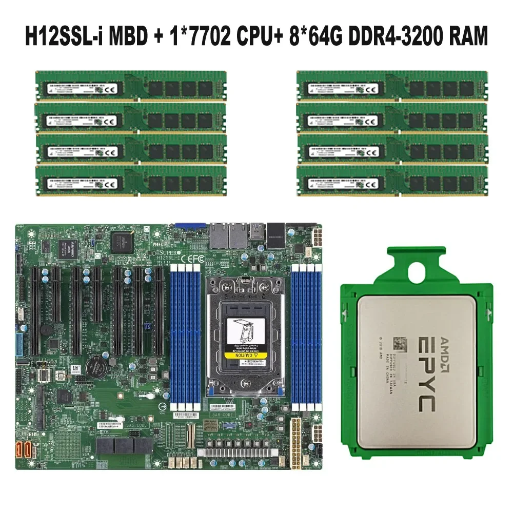 FOR Supermicro H12SSL-i Motherboard +AMD EPYC 7702 2.0GHz 64C/128T 256MB CPU Processor +8pcs* 64GB=512GB RAM DDR4 3200mhzMemory