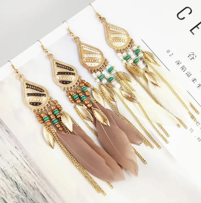 Korean retro temperament long earrings with water droplets and feathers Original personalized national style earrings