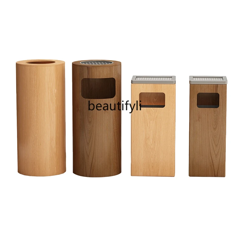 Hotel Lobby Vertical Large Wooden Office Building Elevator Trash Can with Lid and Ashtray