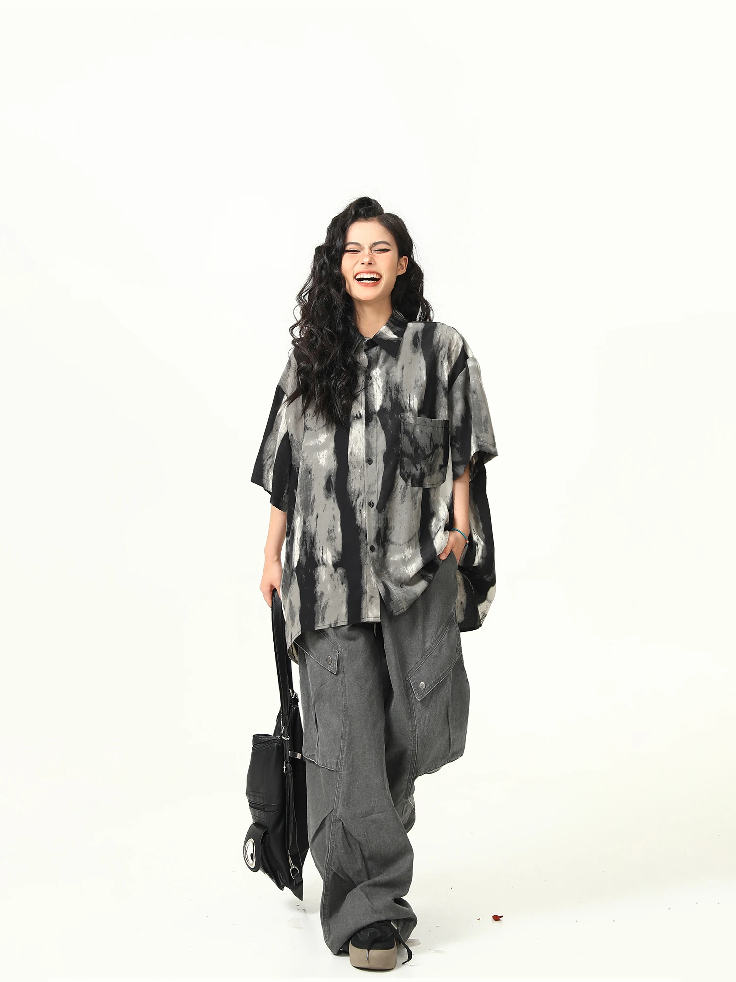 Short-sleeved shirt women's lapel tie-dye gradual change of color retro personalized couple spring summer trendy American style