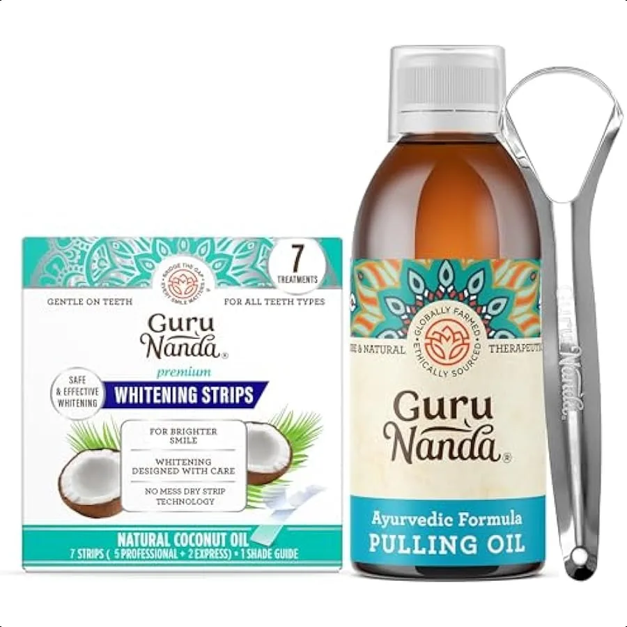 

Original Oil Pulling with Tongue Scraper and Teeth Whitening Strips 7 Treatments with 14 Strips EnamelSafe Strips for Sensitive