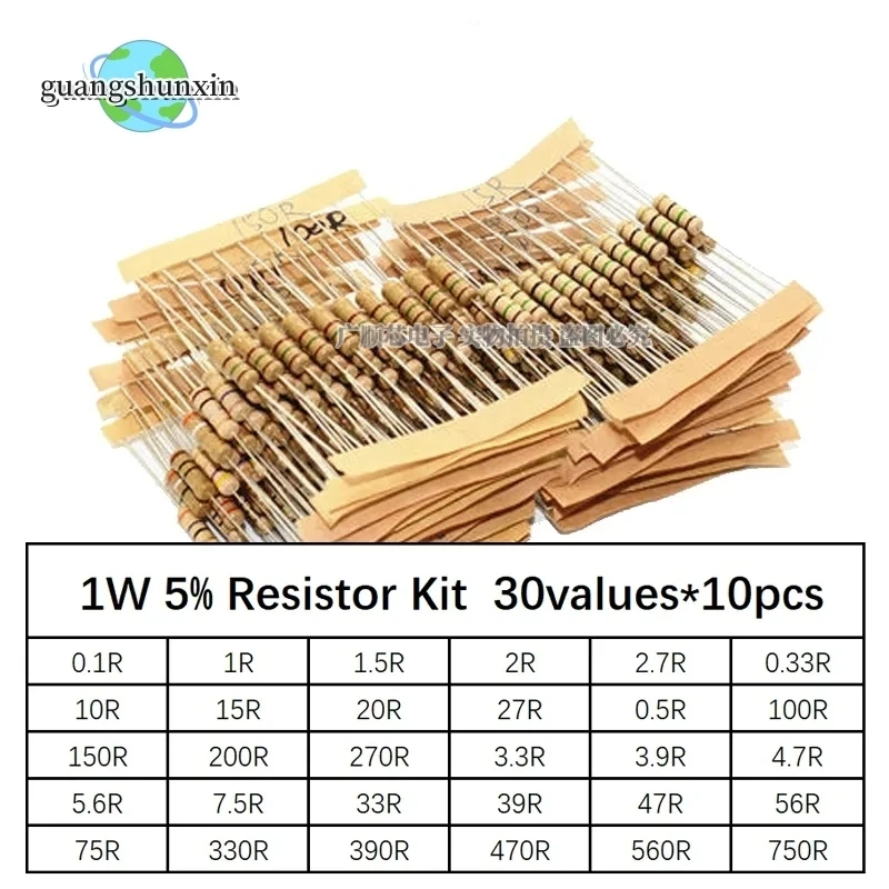 300pcs Resistor Kit 1W 5% 30values X 10pcs Carbon Film Resistance 0.1-750 ohm Set