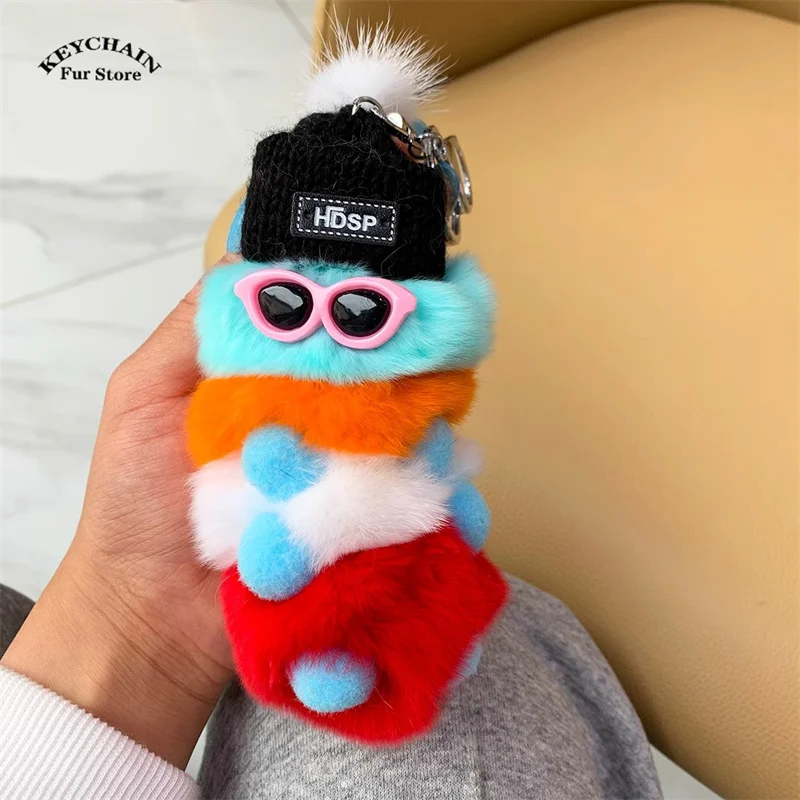 Colorful Plush Caterpillars Cute Keychain With Sunglasses Soft Rabbit Fur Animal Pompom Pendant With Key Rings For Women Handbag