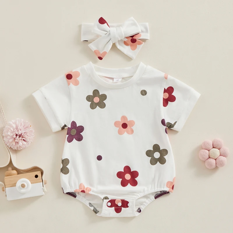 Infant Baby Girl Summer Jumpsuit Flower Print Round Neck Short Sleeve Romper with Bow Headband