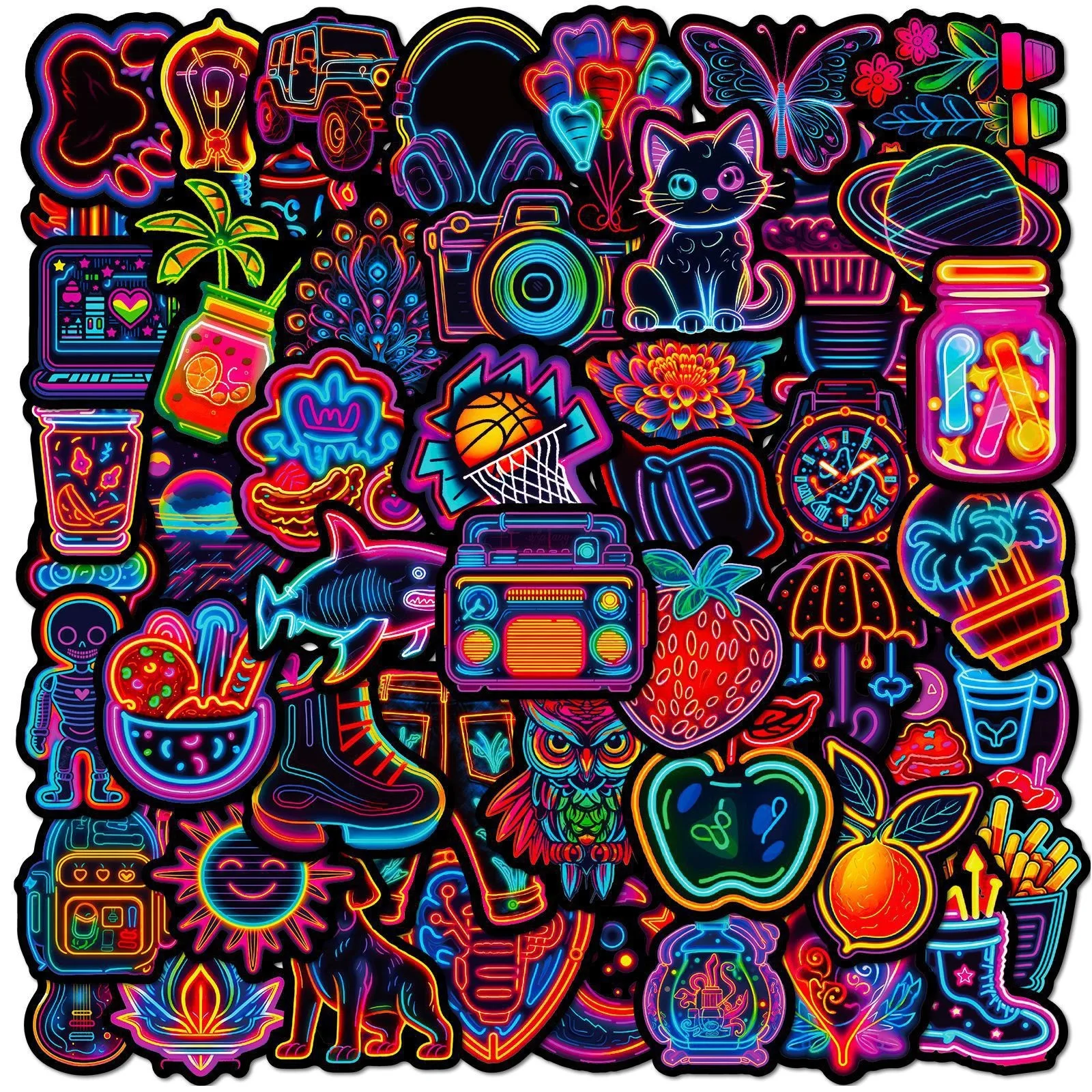 50 Pcs Neon Fresh Stickers Creative Neon Light Waterproof Vinyl Decals for Laptop Water Cup Phone Case Journal Gift