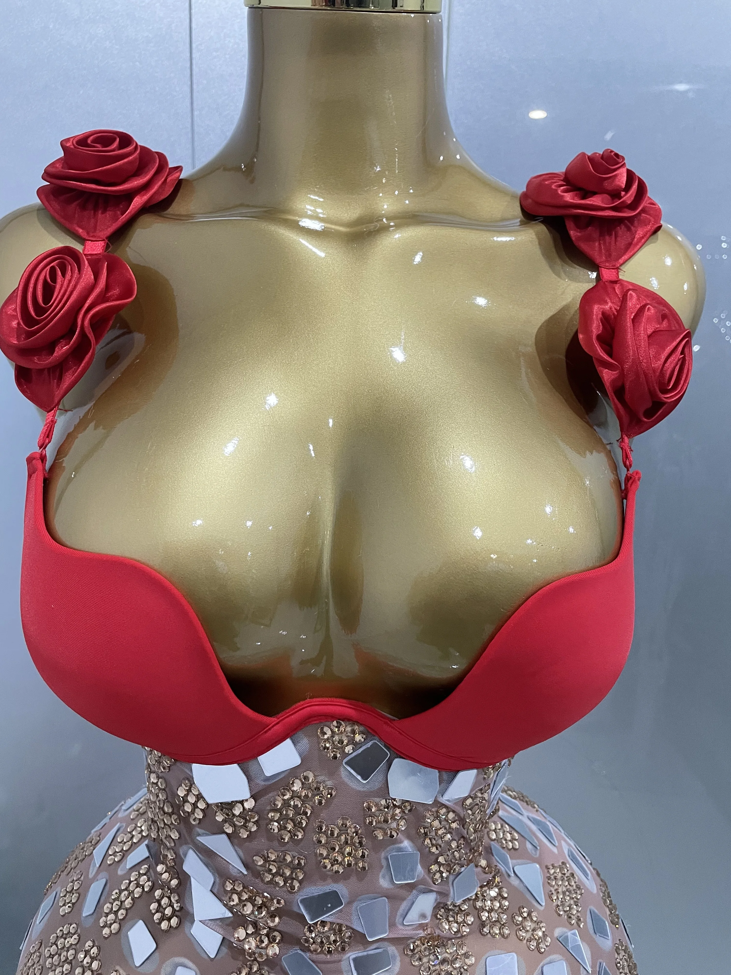 Sexy glitzerndes Strass-Mesh-Spiegel, rote Rosen, langes Kleid, 2025, neue Damen-elegante Abendparty, Club, Bühnenkostüm