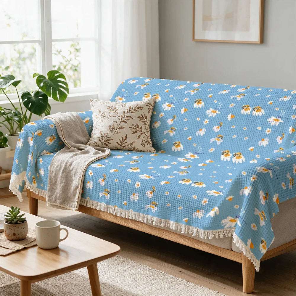 Blue Floral Print Sofa Throw Blanket Couch Cover Home Decor Accent Piece Decorative Cozy Spring Yellow Living Room Throw Cushion