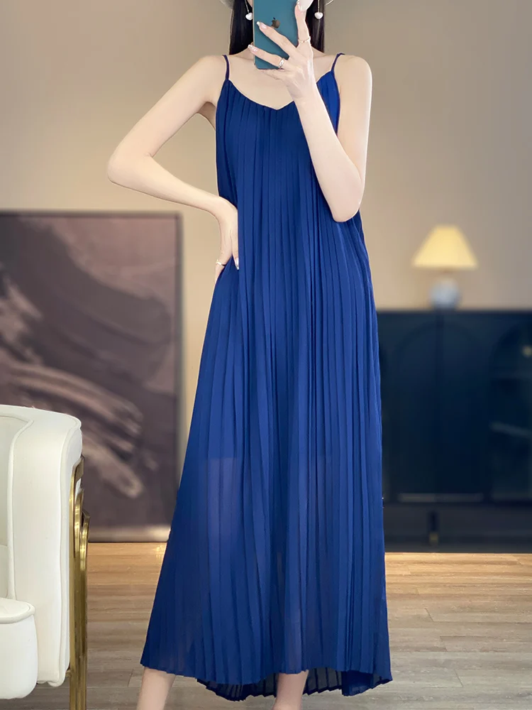 Verano acetato satén suelto n V-Ne plisado largo Dr Sexy Hada T cintura alta A-Line vestido para vacaciones Vaions