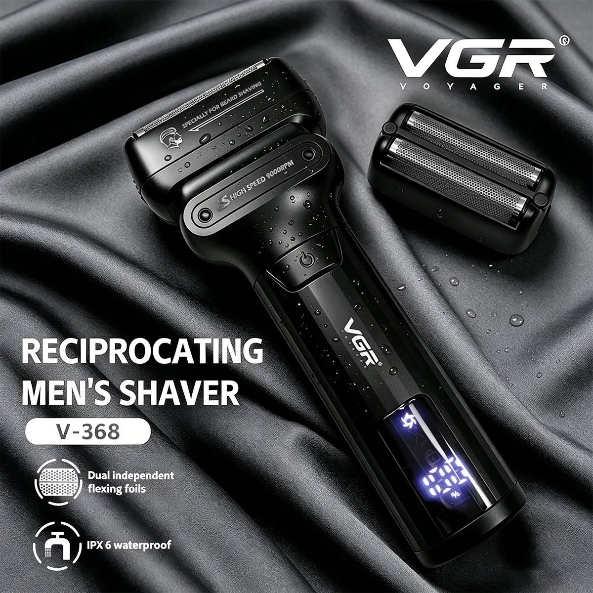 VGR Rasierer Professionell Barttrimmer Elektrisch 9000 U/min Barbier Tragbar Rasiergerät Vibrationsrasierer LED Herrenrasierer V-368