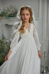 Flower Girl Dress Bohemian White A-line Long Sleeve Wedding Elegant Flower Child Communion Birthday Dress First Gift