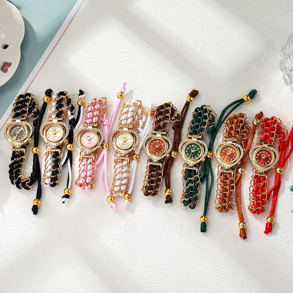 Luxury Rhinestone Women Watches Fashion Heart Dial Woven Strap Ladies Quartz Wristwatch Reloj Mujer（Without Box） image 5