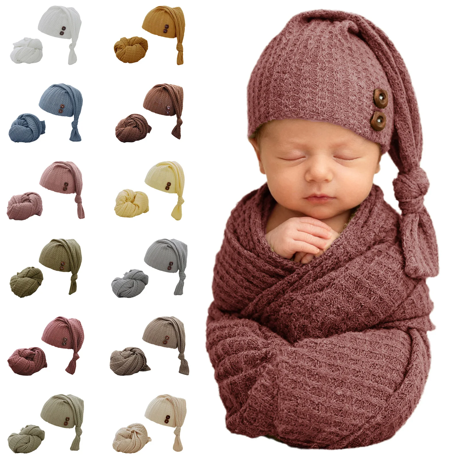 Newborn Baby Photography Blanket Wrap Stretch Knitted Wraps with Hat Set Infant Boys Girls Baby Shower Party Photo Props Costume