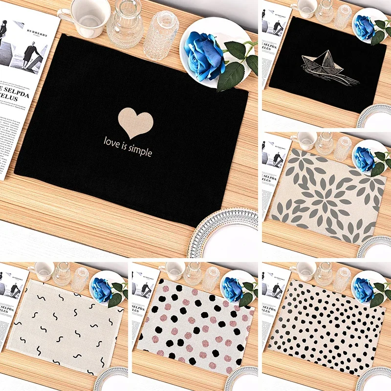 Black Heart Linen Kitchen Placemat 45X32cm Love Geometric Dining Table Mat Round Point Coaster Pad Bowl Cup Coffee Mats