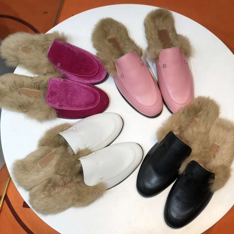 Covered Toe Casual Real Fur Mullers Sandals New Slippers Women leather Flat Shoes Backless Slip on Loafers Ladies Outdoor shoes