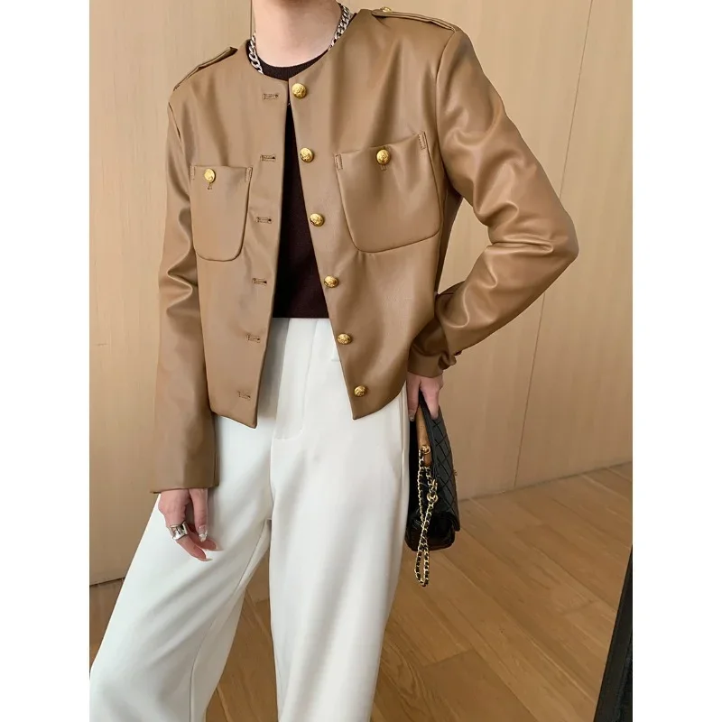 Women Black O Neck Casual Long Sleeve Faux Leather Coat French Gold Button Khaki Chic Autumn Versatile Leather Short Jacket