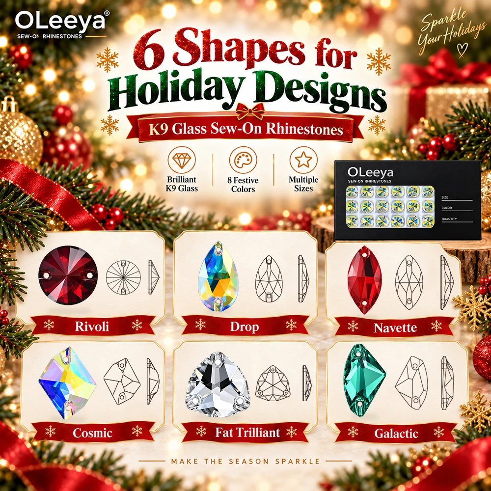 OLeeya K9 Glass Sew On Rhinestones Christmas Colors Multiple Shapes Crystal Sewing Stones for Dress Clothes DIY Crafts