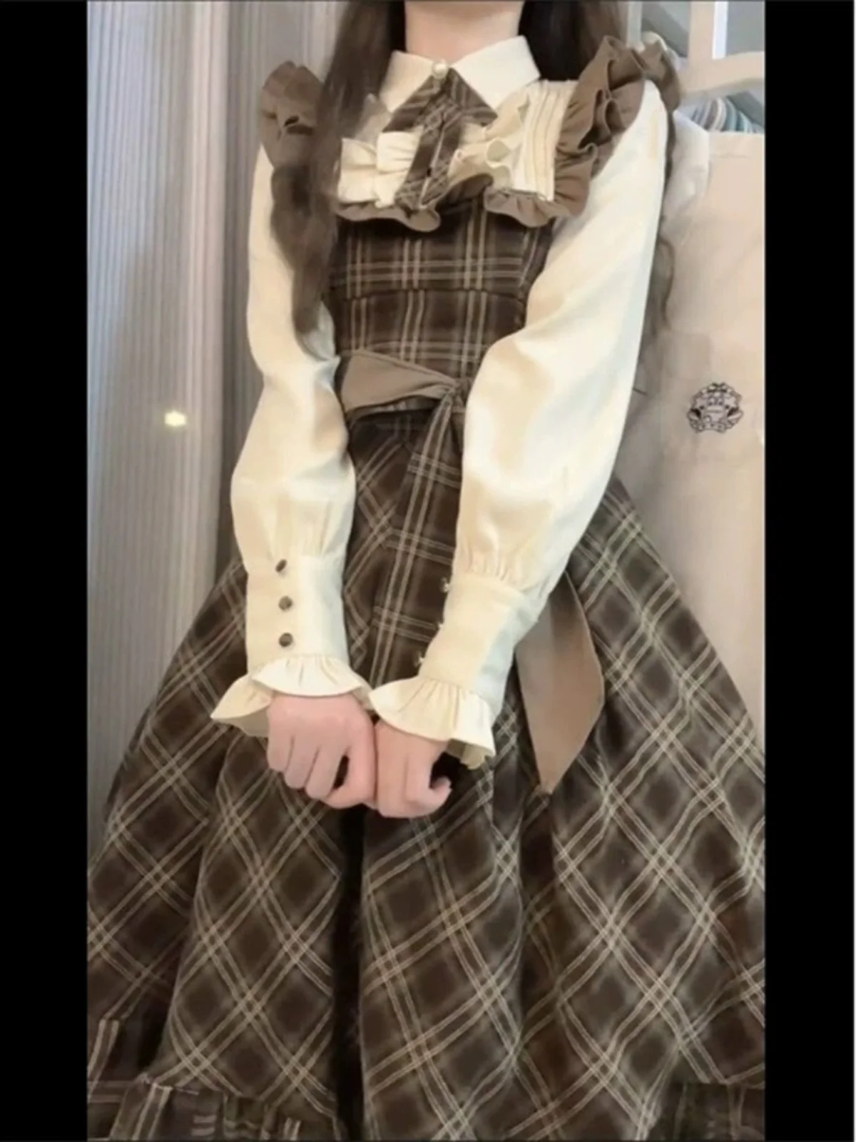 Sukienka Coalfell w stylu vintage, w kratę, z długim rękawem, jesienno-zimowa, w stylu Lolita, w stylu college, imitacja dwuczęściowej koszuli i spódnicy, słodka długa sukienka.