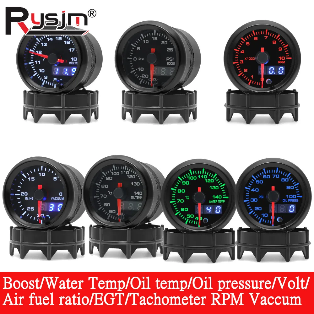 

12В 7-цветный светодиодный дисплей 2 дюйма (52 мм) для автомобилей: давление наддува/температура воды/температура масла/давление масла/вольтметр/соотношение воздух-топливо/EGT/тахометр (об/мин)/вакуум