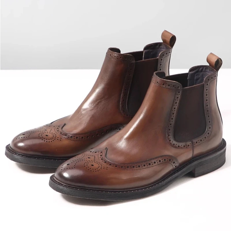 yetties Trendy Men's Chunky Chelsea Boots, Fleece Lined High Top Leather Boots for Winter Retro All-Genuine Cowhide Ankle Boots