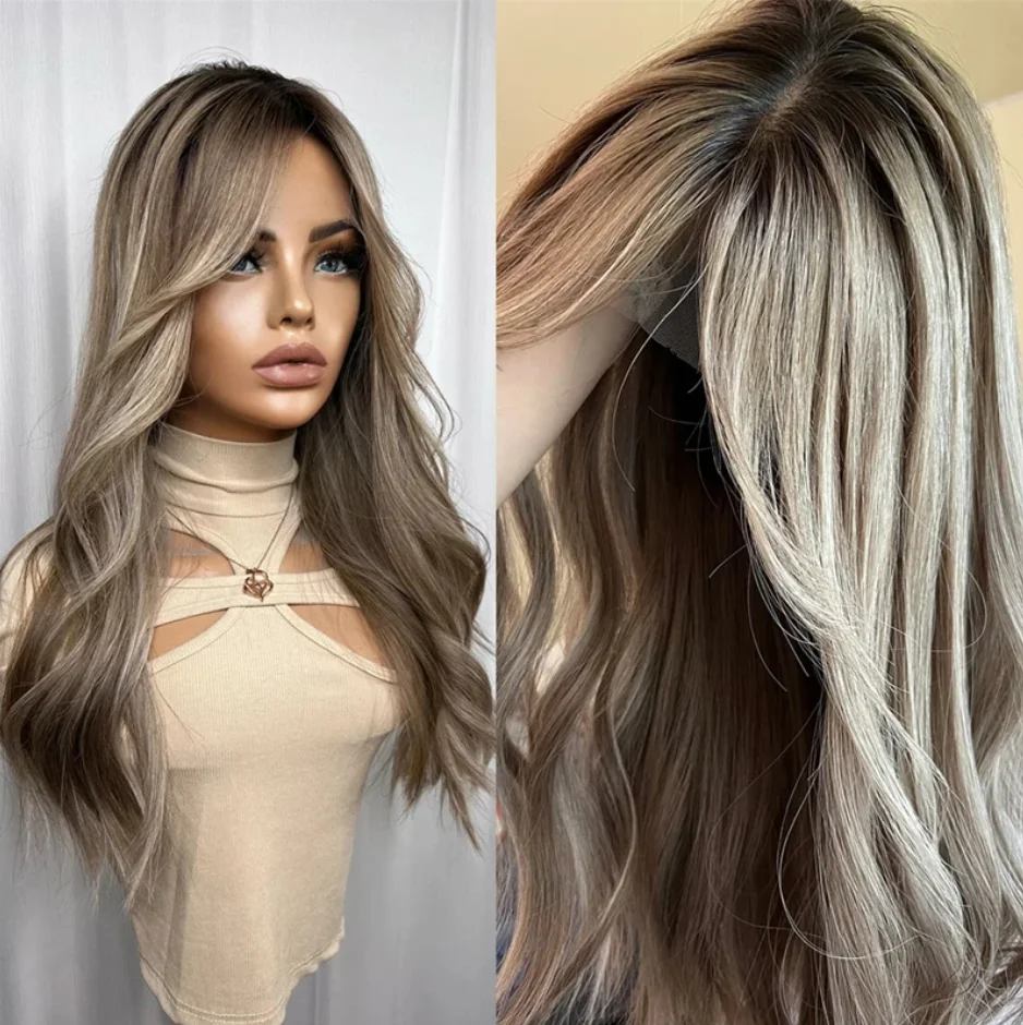 

Ash Brown Long Wavy Wigs with Bangs Dark Brown Wigs for Women Heat-Resistant Synthetic Full Wigs for Women Mix Human Hair Wigs