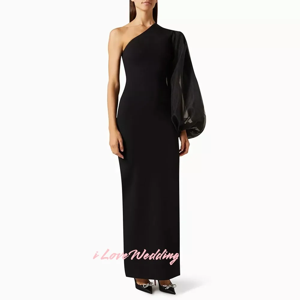 

Black One-shoulder Evening Dress 2025 Satin Puff Sleeve Mermaid Ankle-Length Pleated Split Wedding Party Dress Customized