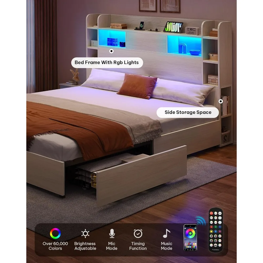 King Bed Frame with Bookcase Headboard and 4 Storage Drawers, RGB LED Bed Frame with Type-C & USB Charging Station Storage