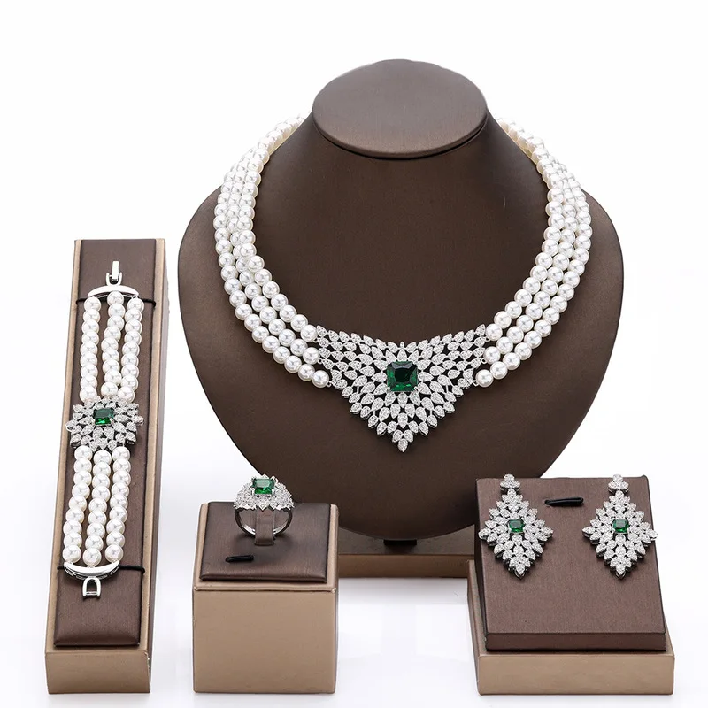 Gold-plated copper pearl zircon jewelry set for weddings and high-end banquets, wholesale and custom-made