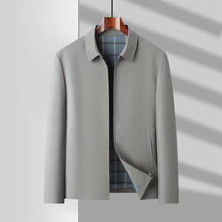 Spring 2025 Men's Mulberry Silk Jacket Business Casual Lapel Solid Color Polyester Coat for Middle-Aged