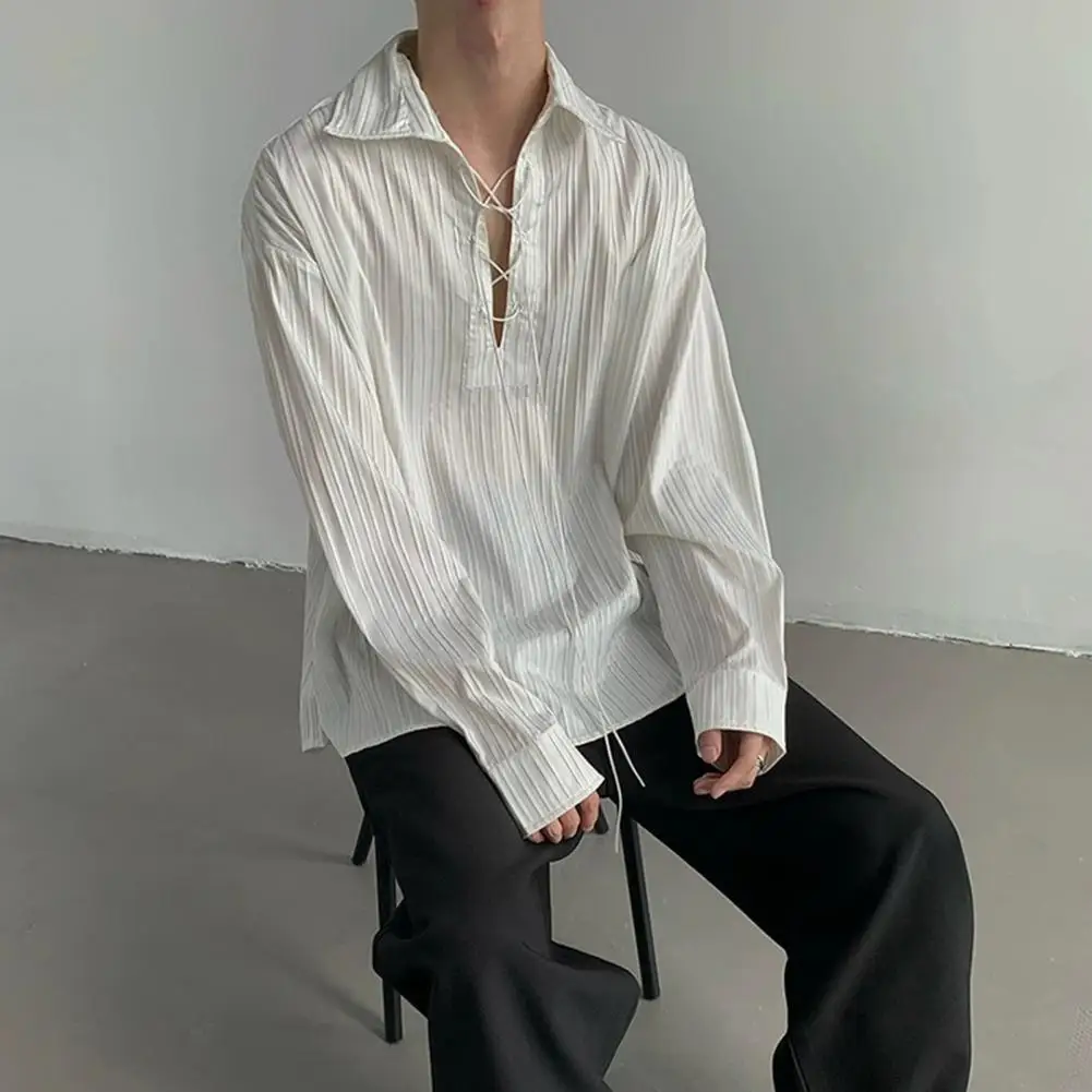 

Streetwear Fashion Korean Clothing Solid Shirts Spring Autumn Men Long Sleeve Striped Lapel Single Business Casual Top Workwear