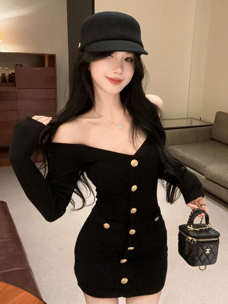 

Slimming Knitted Dress Women's Autumn Winter New Style Waist Cinched Long Sleeve Sexy Black Dress Korean Style Commute