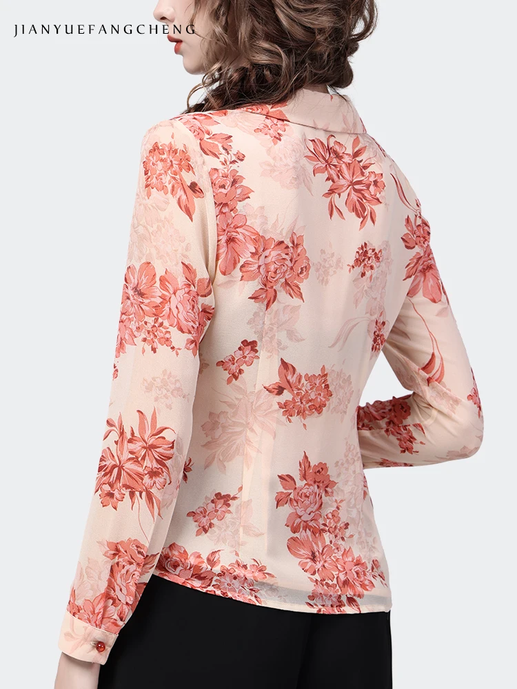 Fashion Suit Collar Floral Print Chiffon Blouse Women Long Sleeve Pink Button Shirt Spring Autumn Tops Elegant Vintage Clothing