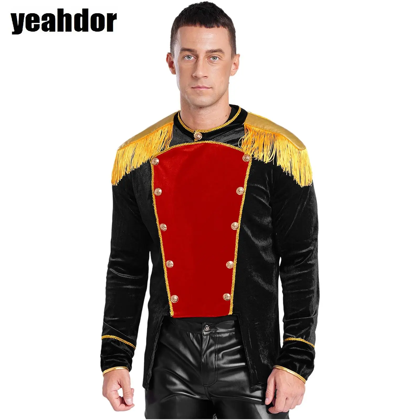 

Halloween Circus Cosplay Costume Men Circus Ringmaster Costume Golden Fringe Epaulet Velvet Coat Carnival Performance Dress Up