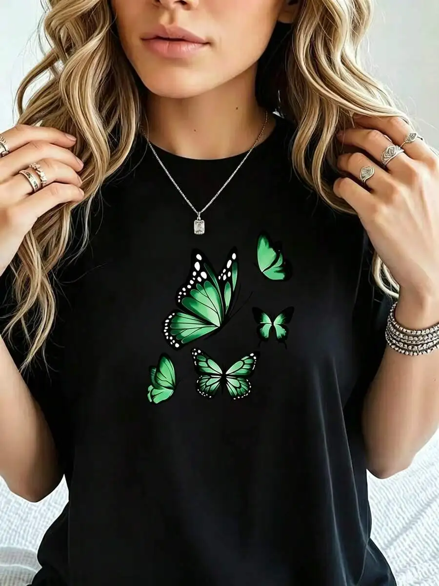 Women Casual Short Sleeve Crewneck T Shirt Green Butterfly Print Cute Style Spring Summer Daily Wear Trendy Outfit Top