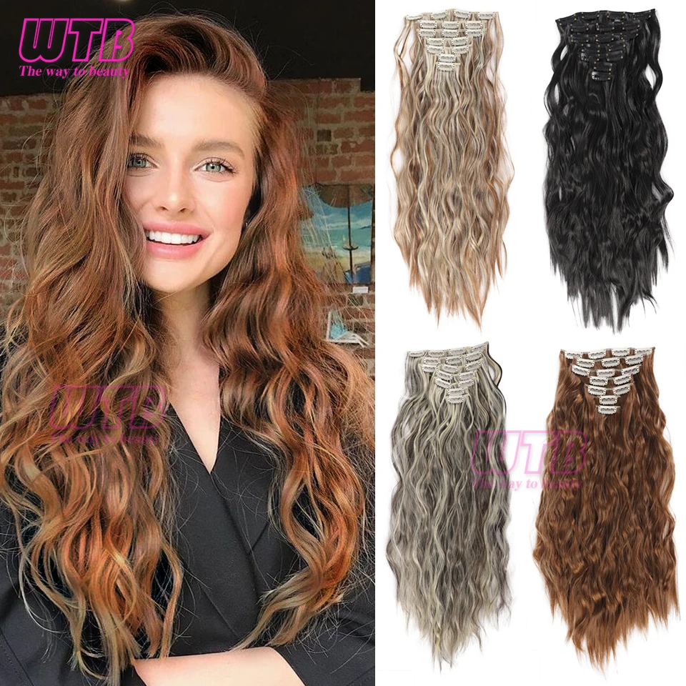 Clip In Hair Extensions 7 PCS Full Head 20 Inch Long Curly Wavy Synthetic Hair Pieces Natural Wavy Brown Natural Fake Hair