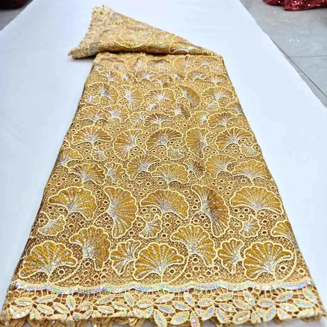 Tela de encaje flocado de cordón de guipur africano 2025, tela de encaje de lentejuelas Soluble en agua nigeriana de alta calidad para costura de vestido de fiesta para mujer