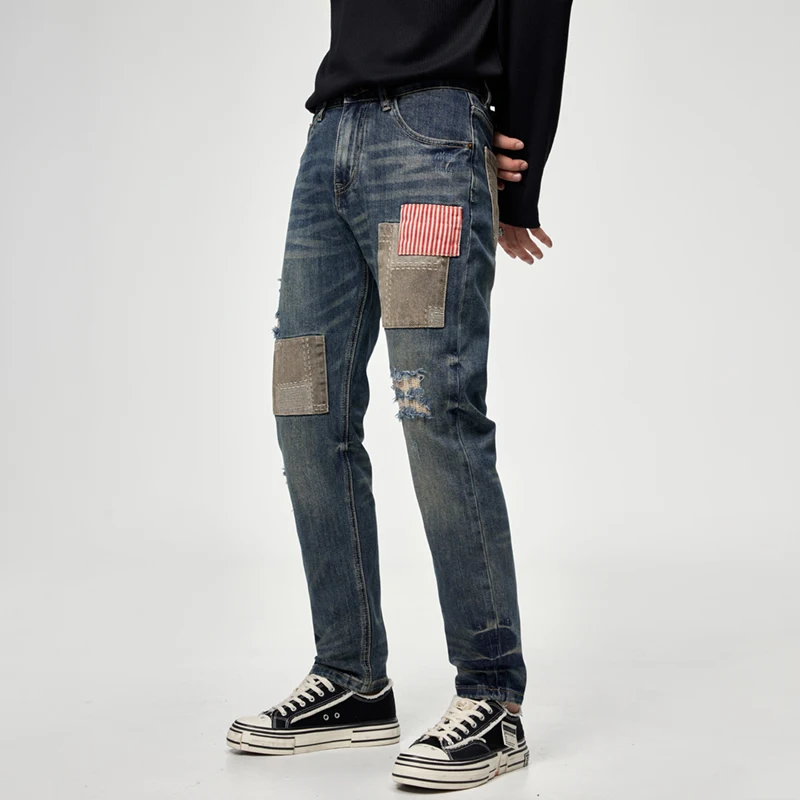 Street fashion high-end personality splicing color collision patch men's jeans patch embroidery Slim small straight leg pants